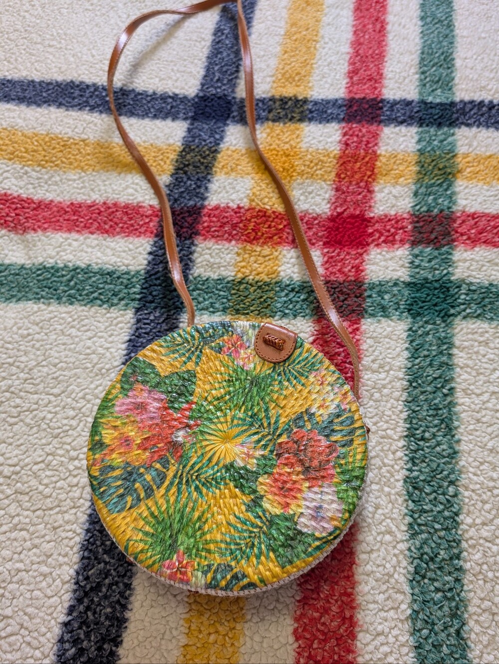 Tropical Round Straw Crossbody Bag - Yellow Floral